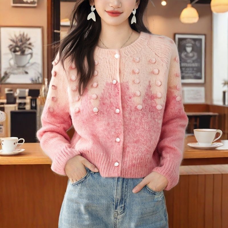 Korean Gradient Pink Cardigan Outer Sweater Knitwear Jacket Women's Autumn and Winter New High-End Unique Chic Top