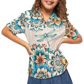 2024新款儿童衬衫蜻蜓鲜花男女童短袖夏威夷衬衣上衣童装跨境批发