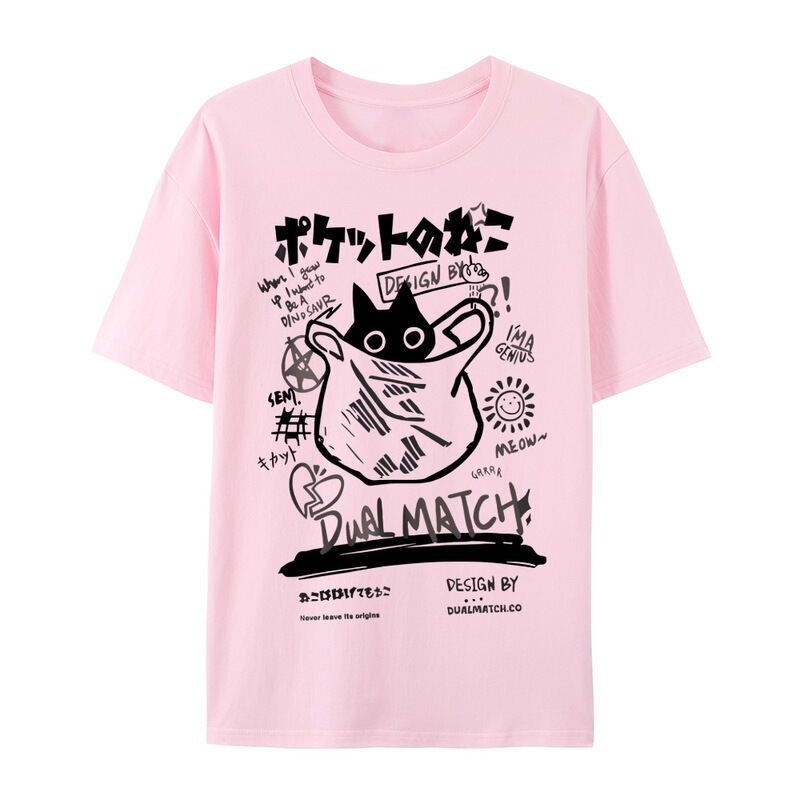INS热销新款大眼黑色猫猫印花休闲夏季日常宽松圆领T恤男女同款|undefined