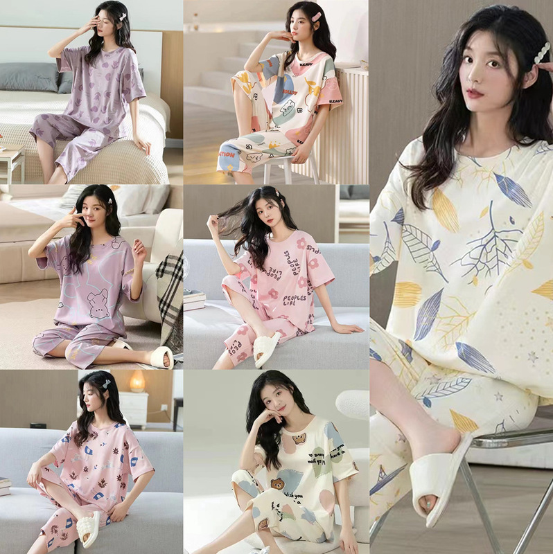 Cross-border 2024 summer new pajamas women's short-sleeved cropped pants suit network explosions plus size loose sweet home Cross-border 2024 summer new pajamas women's short-sleeved cropped pants suit network explosions plus size loose sweet home
