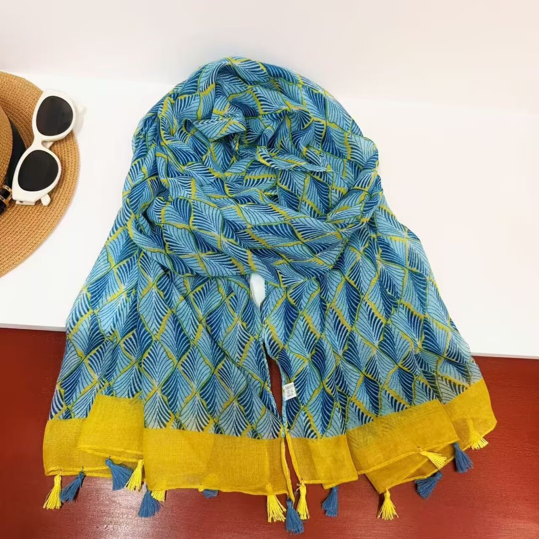 Bali Yarn Tassel Extended Cotton and Linen Scarf, Vintage Floral Summer Travel Sun Protection Large Shawl, Sunshade Beach Scarf