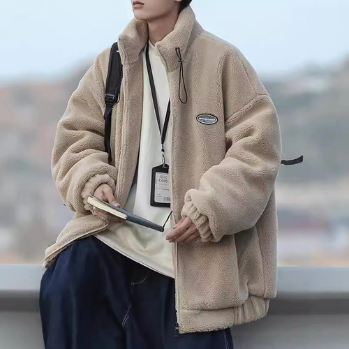 Japanese-style city boy cotton-filled winter coat for men, padded and thick, Korean-style lamb wool outer jacket, loose and trendy, stand-up collar cotton puffer jacket