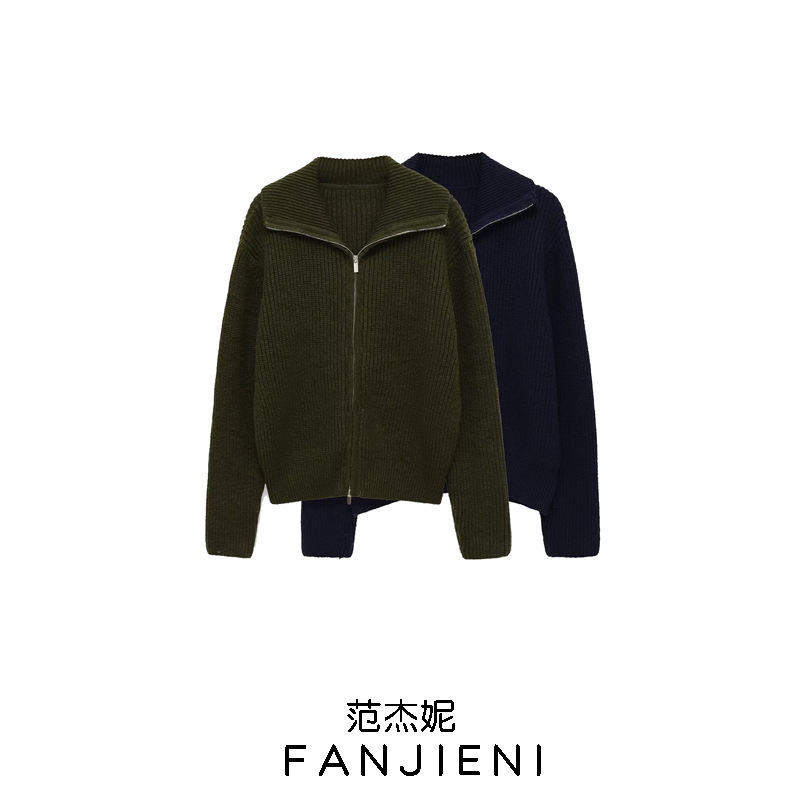 Zr Export Wholesale European and American Style Women's Clothing Fashionable Simple Pure Color Popular Asos Zipper Jacket Knitted Sweater