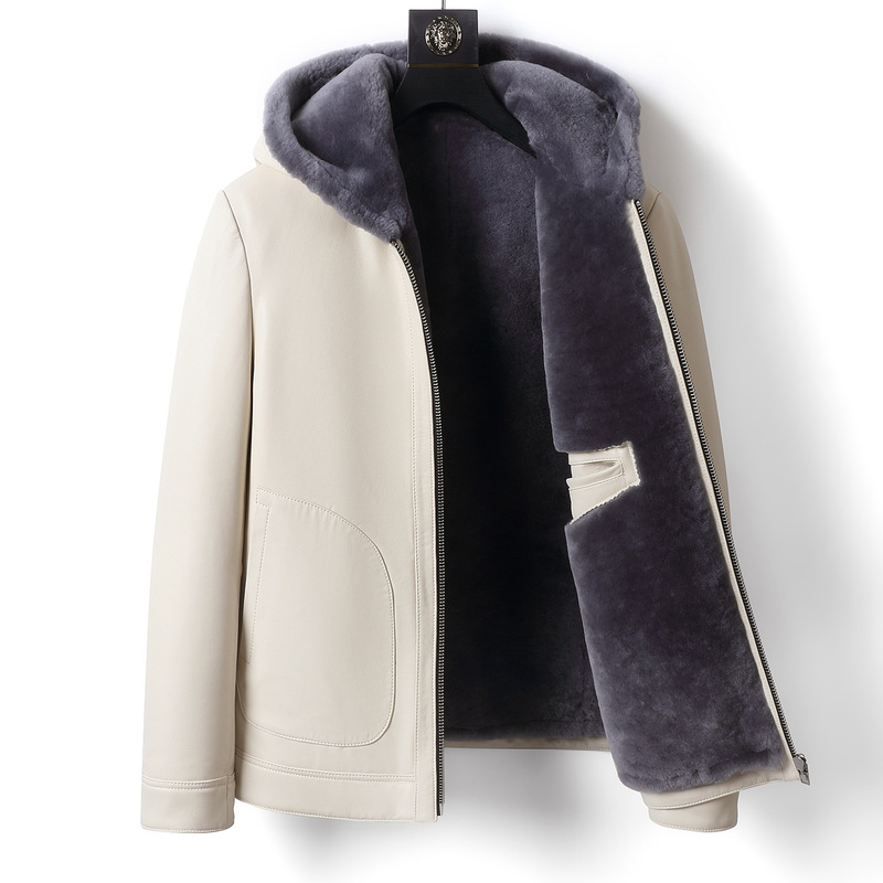 Winter Fur-Lined Men's Coat with Hood, Genuine Leather Jacket, Sheepskin Jacket, Thickened Lamb Fur Coat