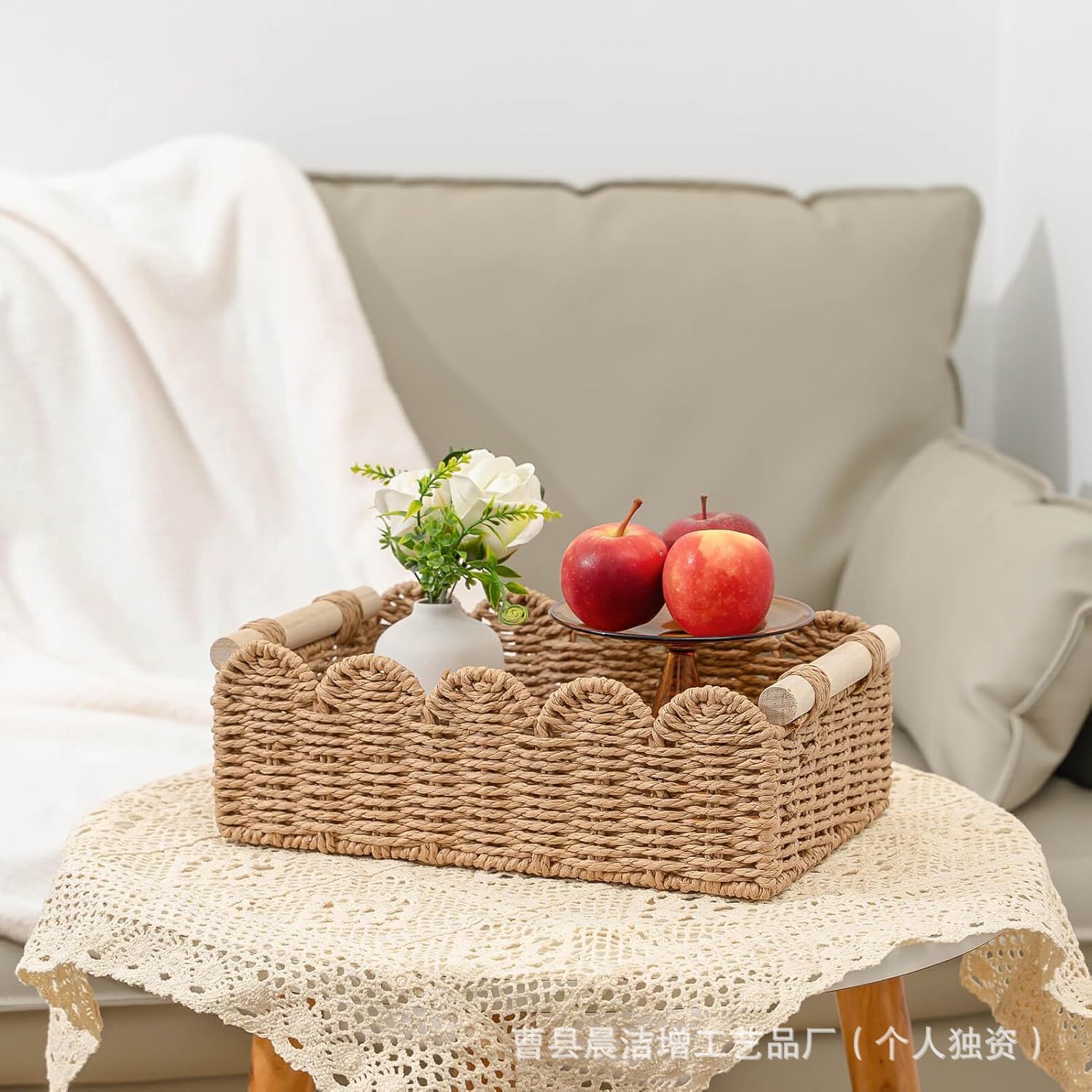 Cross-Border Desktop Fruit Snack Storage Basket, Paper Rope Woven Storage Basket, Bathroom Roll Paper Towel Storage Basket with Lace
