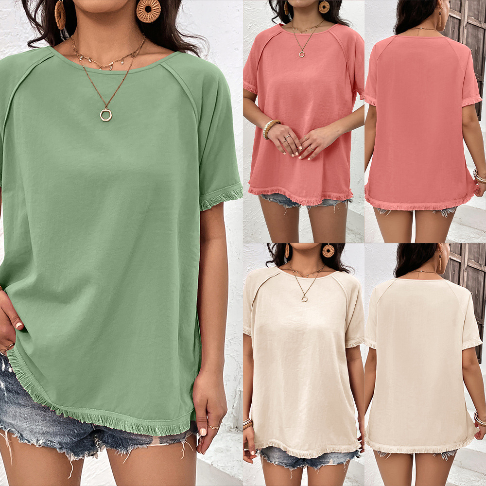 Top casual ampio con scollo tondo e frange da donna_voghion.com