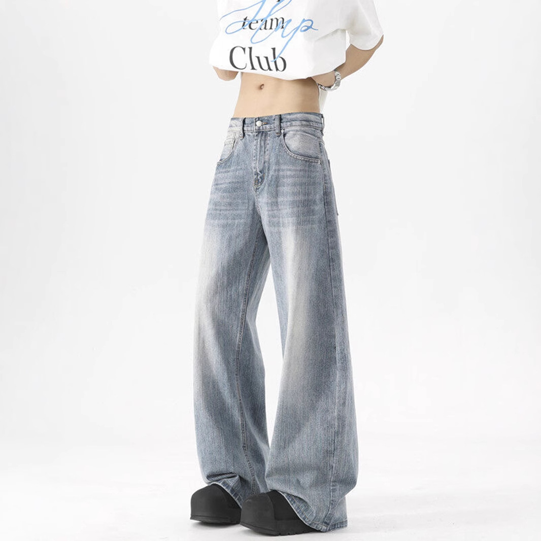 Trendy Washed Blue Jeans for Men Summer Vibe High Street Versatile Casual Wide-Leg Pants American Loose Wide-Leg Pants