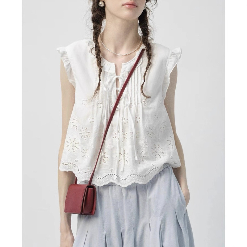 Vega White Shirt Top for Women Summer 2025 New Style Hollow-Out Design French Embroidery Blouse