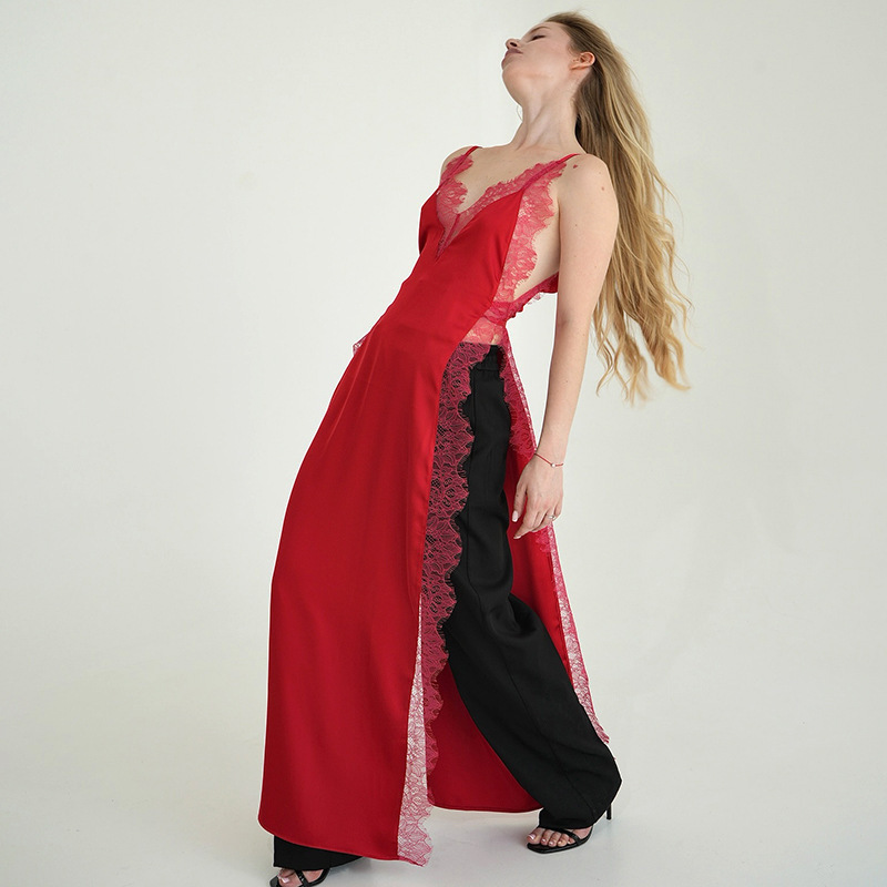Women Clothing Spring Summer Solid Color Lace Splicing Sling Split Sexy Dress Women