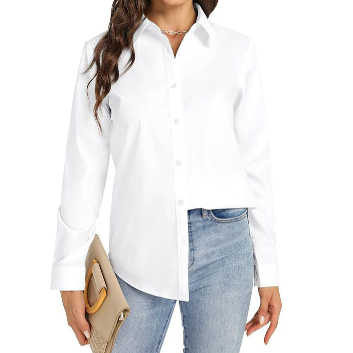 Cross-border Loose Midi White Shirt Women's in stock Casual Solid Color Base Long-sleeved Shirt Commuter Top POLO Collar