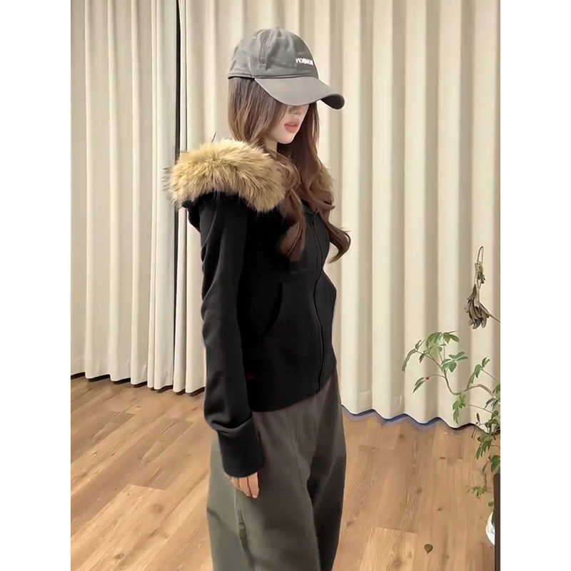American-Style Black Hooded Short Sweatshirt for Women, Slim Fit, Waist-Cinching, Suitable for Spring and Autumn, with Added Fleece and Thickness, Korean-Style Jacket for Autumn and Winter