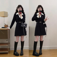 大码设计感Polo领假两件内搭连衣裙女秋冬胖mm收腰遮胯显瘦小黑裙
