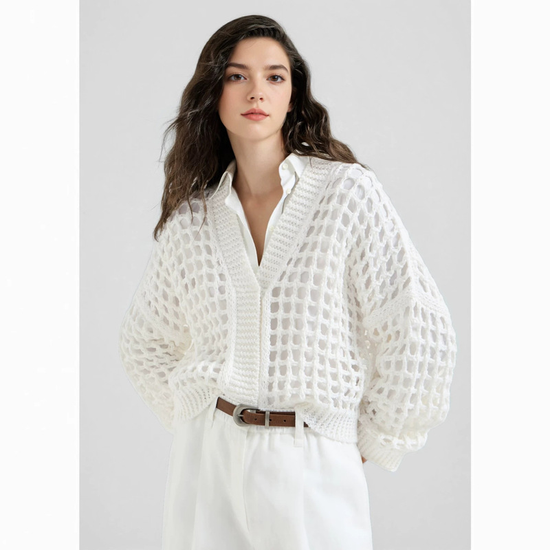 B~C【Hollow Mesh】White V-Neck Knitted Cardigan, Lazy Style, Loose Fit, Slimming, Versatile, Sun Protection Outerwear B~C【Hollow Mesh】White V-Neck Knitted Cardigan, Lazy Style, Loose Fit, Slimming, Versatile, Sun Protection Outerwear
