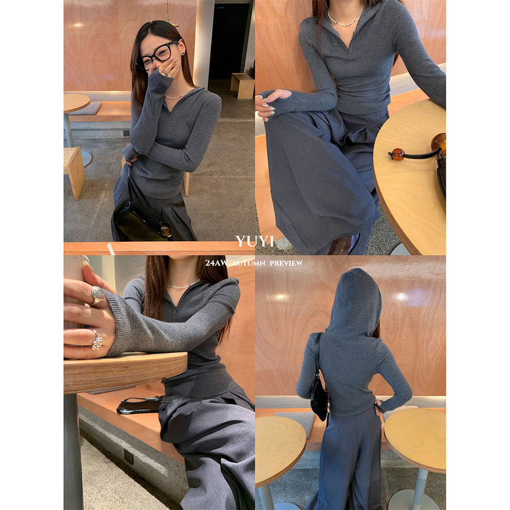 誉一新款2024秋季半拉链高领连帽针织衫女纸片人穿搭上衣女gc2017