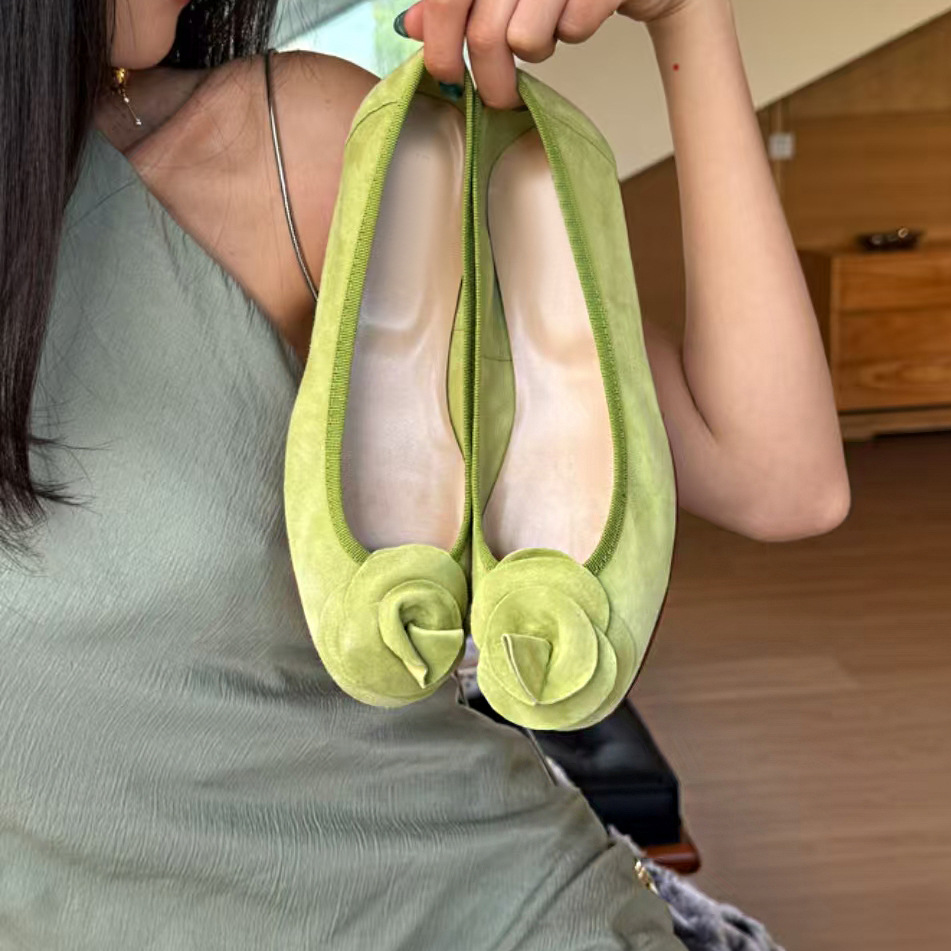 2025 Spring/Summer New Ballet Green Floral Round-Toe Flat Color-Block Shallow Women's Shoes