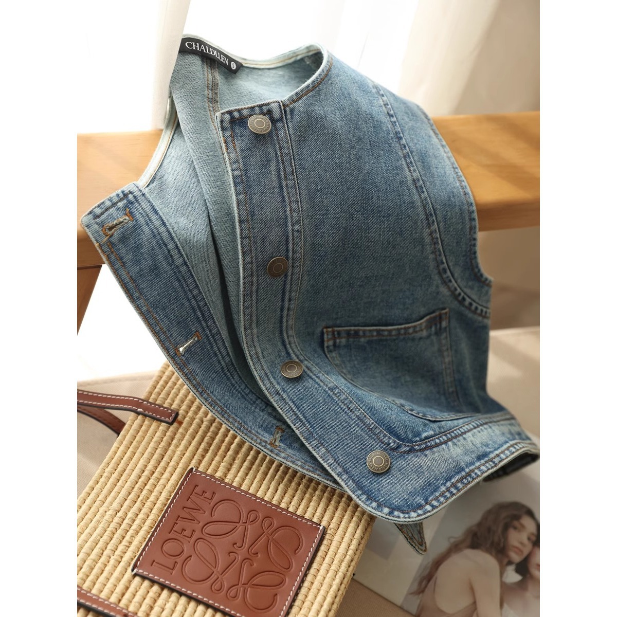 Áo vest denim nữ ngắn tay rộng rãi phong cách thời trang xuân hè — Xanh denim