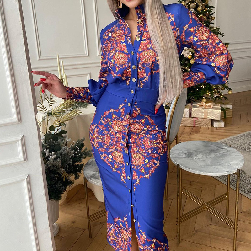 Women's Printed Stand Collar Dress With Long Sleeves For Women_voghion.com