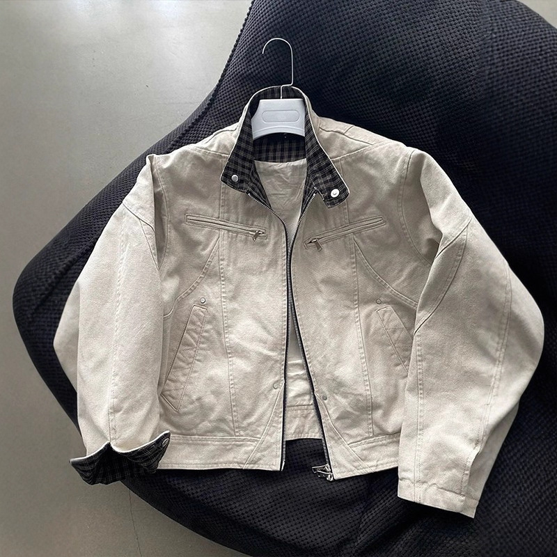 Harrington work jacket, new men's and women's American retro plaid patchwork cleanfit short stand collar coat.