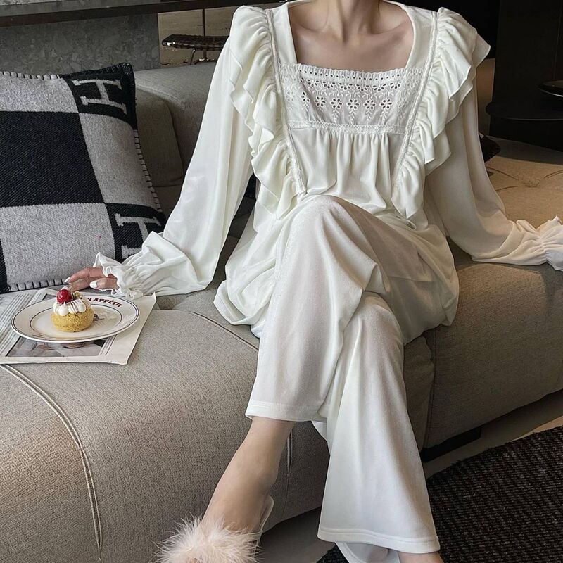 2023 simple casual glitter gold velvet pajamas women's long sleeve loose casual lace outerwear home wear