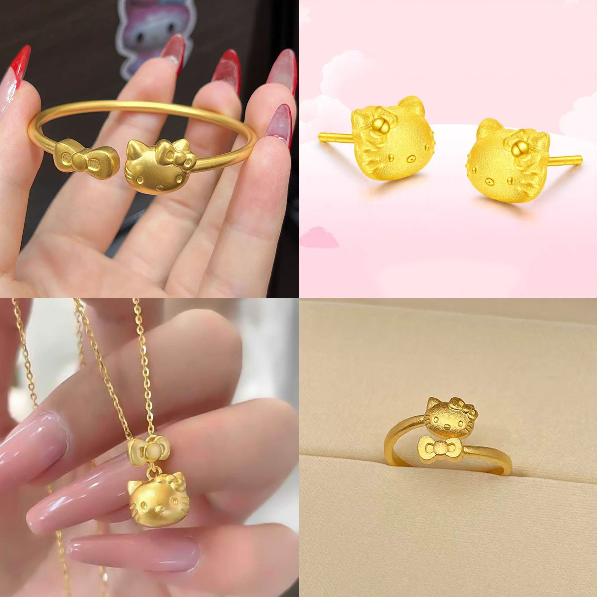 Kitty Cat Ring Gold New Cute Cartoon Versatile High-End Hello Kitty Necklace Jewelry Set