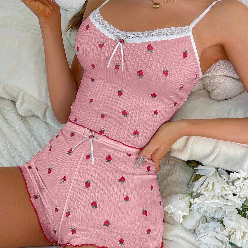 Cross-Border European and American Pajamas, Home Clothes, Women's Bow Lace Sexy Suspender Shorts Two-Piece Suit for Women