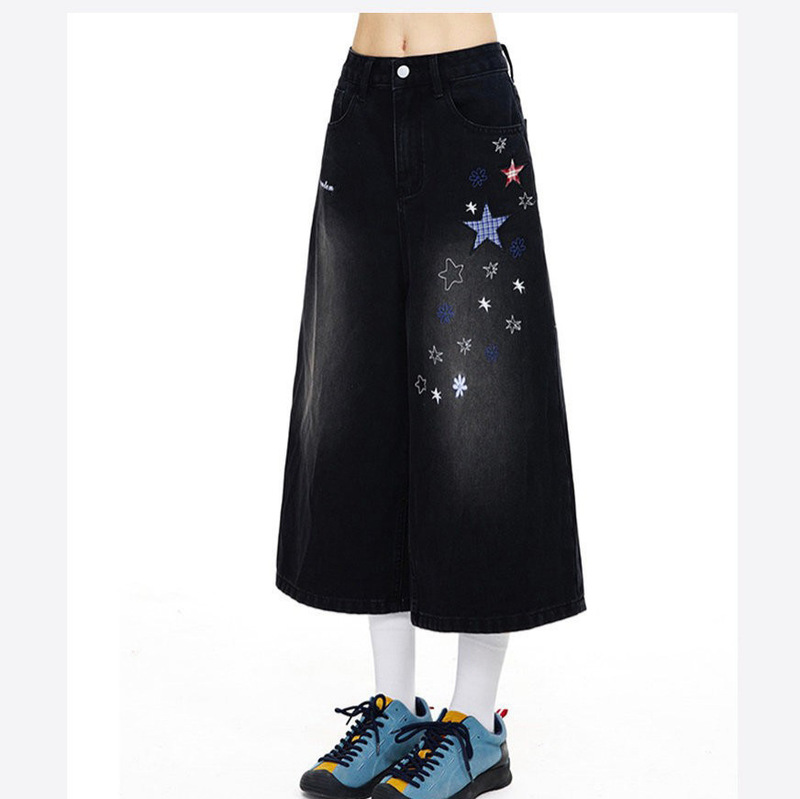 New Style Star Patchwork Cropped Jeans for Women, Loose Fit, Summer Slimming Versatile Straight Shorts, Trendy American Style New Style Star Patchwork Cropped Jeans for Women, Loose Fit, Summer Slimming Versatile Straight Shorts, Trendy American Style