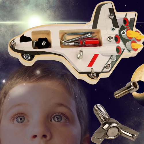 Wooden children's screw toy spaceship tool busy board combination early education disassembly and assembly nut matching hand-eye coordination