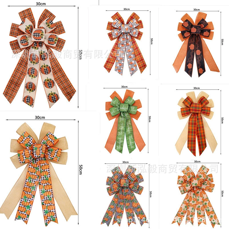 Hongyi лента клетчатый лук венок на День благодарения Лук Имитация конопли изогнутый край осенний венок дерево верхнее украшение