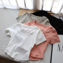 [比正]2025夏季新品韩版圆领后背镂空露腰修身显瘦短袖T恤女4422