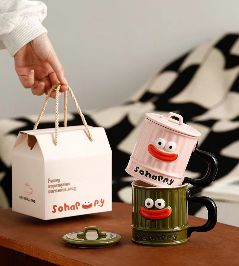 Personalidad creativa, bonita, boca grande, taza de cerámica, taza de cerámica con tapa, taza de basura, taza de agua, taza de café extraña, taza de oficina