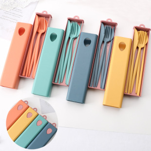 Cross-border creative wheat straw knife fork spoon chopsticks four-piece tableware students outdoor portable storage tableware set