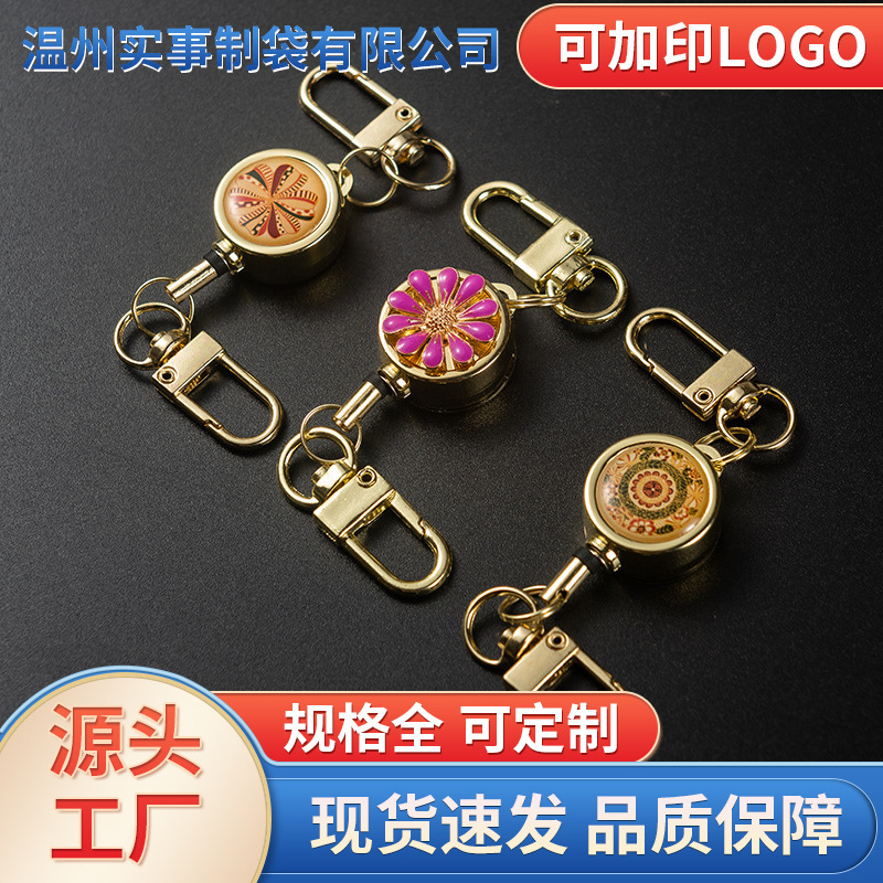 Metal Flower Crystal Telescopic Easy Pull Buckle Breast Brand Buckle Meal Card Accessories Buckle Head Keychain Access Card Bus Buckle