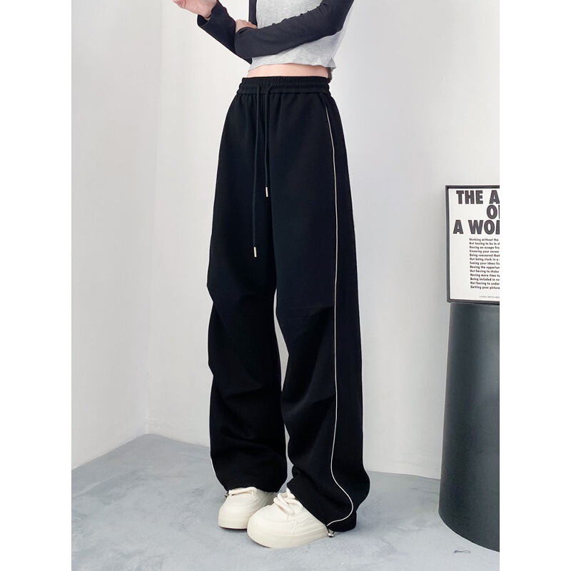 Wide-Leg Pants for Women, Spring and Autumn New Style, Plus Size, High-Waisted, Side-Striped, Cuffed, Straight-Leg, Parachute Cargo Sports Pants