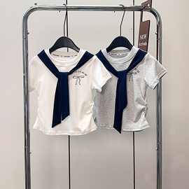 女童夏季女孩韩系穿搭蝴蝶结领带短袖T恤休闲花边工装裤大童套装