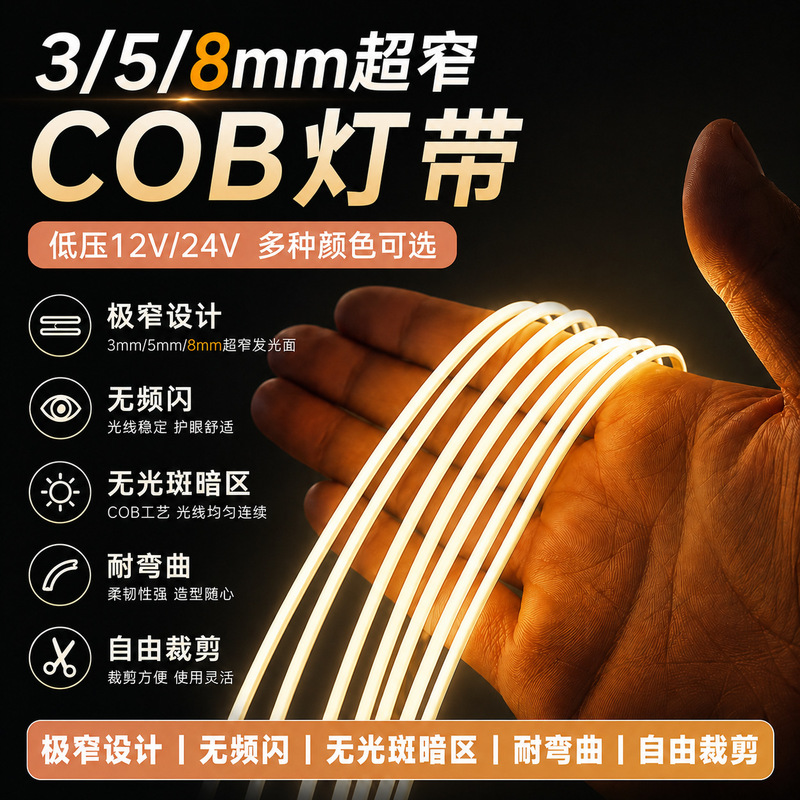 Ultra-Narrow 3mm Cob 12V/24V Low-Voltage Led Strip Light 5mm High Cri Self-Adhesive Line Light High Brightness Waterproof