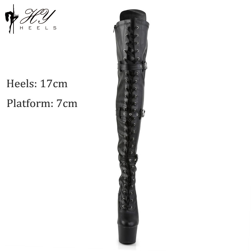 Boot nữ cao gót 17cm cổ cao quá đầu gối khóa thắt lưng gợi cảm — Màu đen