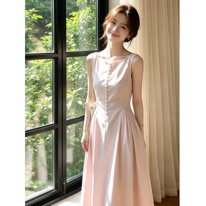 Short and Stylish French-Style Pink Sleeveless Dress for Women, Unique and Beautiful with a High-End Feel, A-Line Long Dress for Early Summer Short and Stylish French-Style Pink Sleeveless Dress for Women, Unique and Beautiful with a High-End Feel, A-Line Long Dress for Early Summer