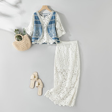 波西米亚复古度假风重工钩花镂空短款针织衫马甲百搭半身裙三件套