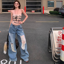 实拍植绒字母网纱背心辣妹吊带上衣+女低腰宽松直筒破洞牛仔裤潮