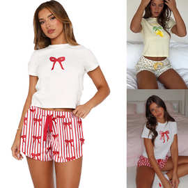 亚马逊欧美跨境女装短袖短裤睡衣印花套装系绳腰头家居服套装