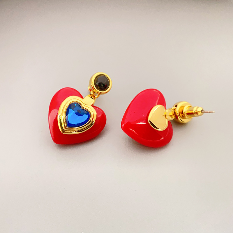 Heart Shape Pattern 1 Pair Sweet Heart Shape Inlay Copper Artificial Gemstones Drop Earrings