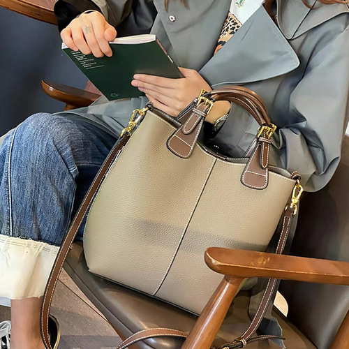 Genuine leather women's bag bucket bag  new trendy crossbody large capacity bag fashionable shoulder tote commuter handbag