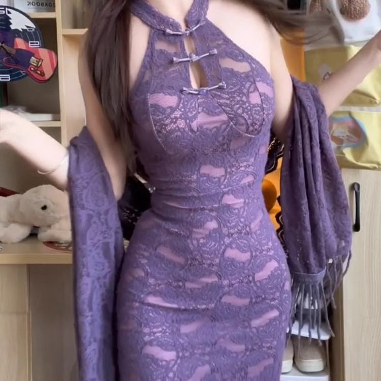 Suit 2024 New Purple Battle Suit Pure Lust Hot Girl Shawl Cardigan + Lace Cut Out Dress Two-Piece Set