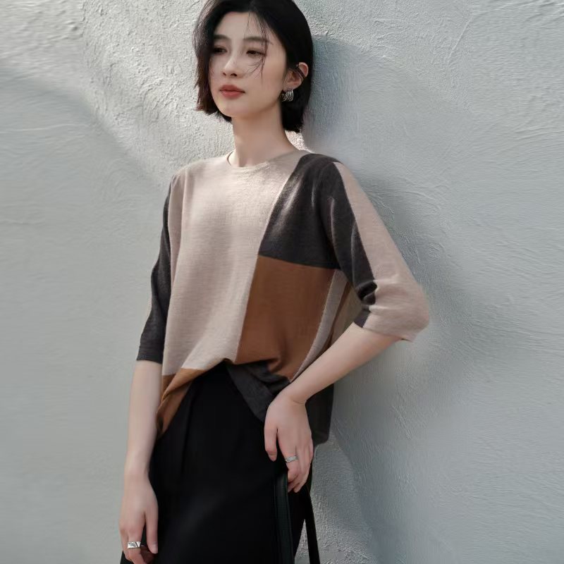 100%纯山羊绒68支精仿女士圆领拼色休闲简约羊绒衫秋冬新款慵懒风