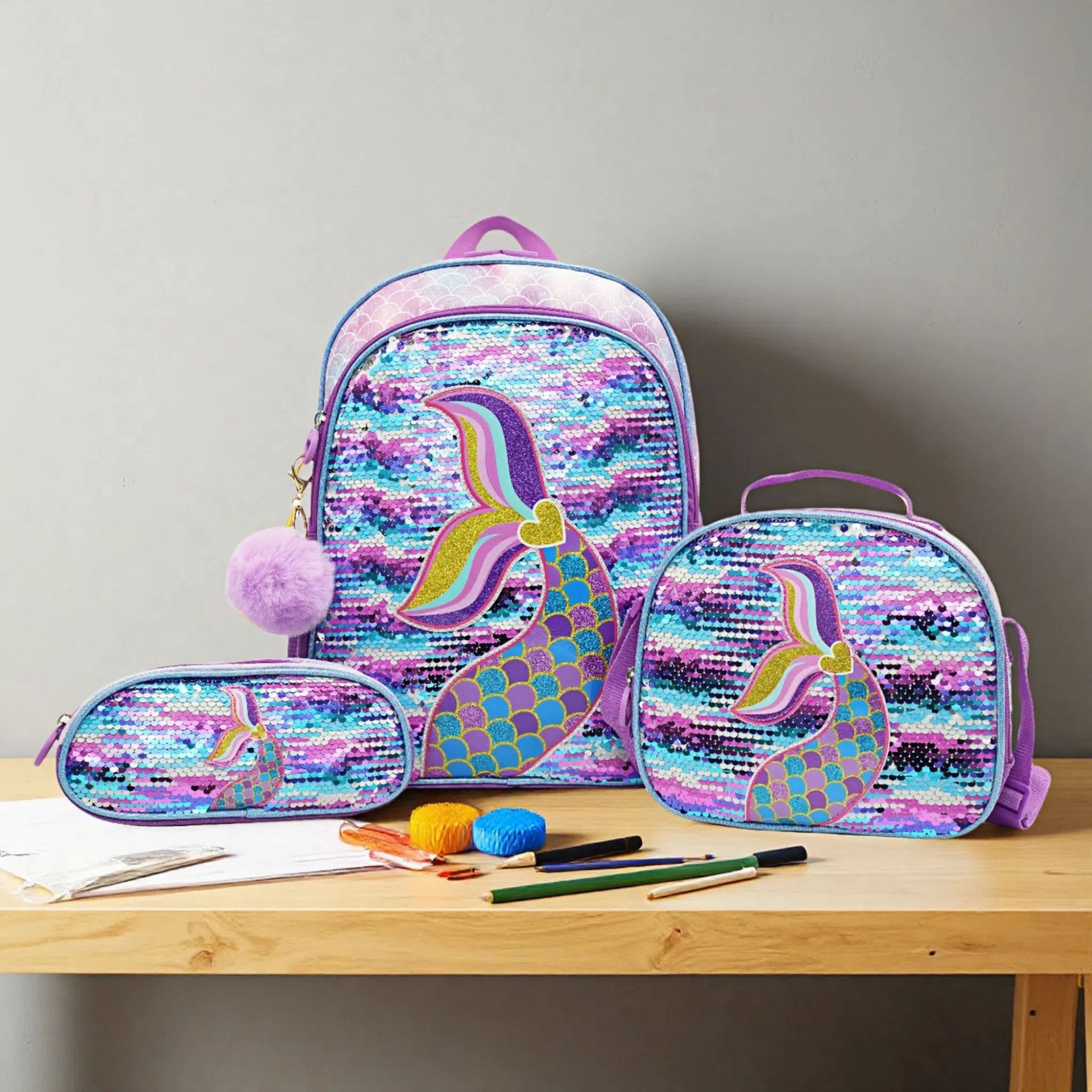 Nuevos productos al por mayor transfronterizos Mochila con bordado de cola de pez con lentejuelas láser Mochila escolar de tres piezas para niños