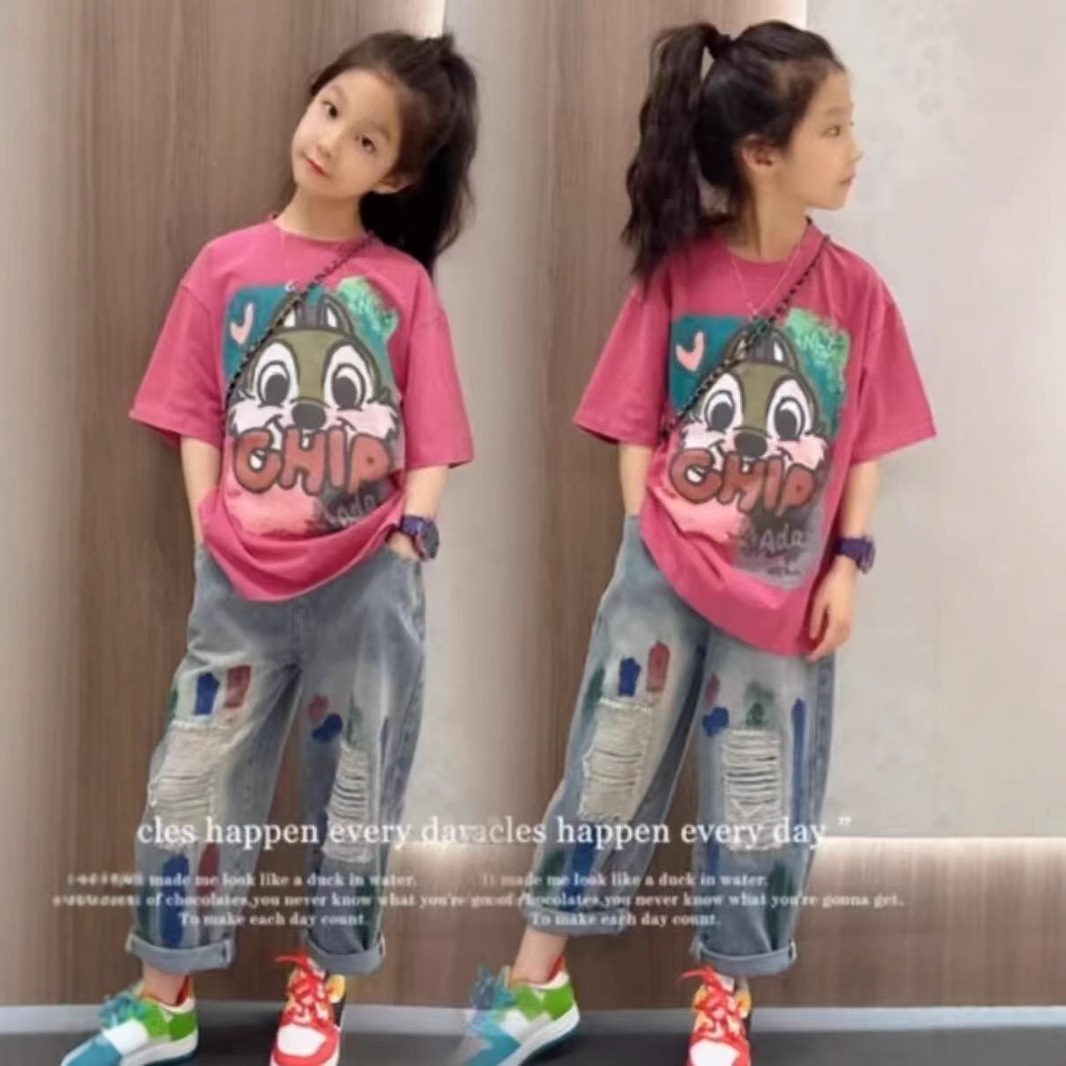 Girls' Summer Dress suit 2025 New Western Style Internet Popular Children's Summer Short-sleeved Cross-border Two-piece Set for Large Children and Girls