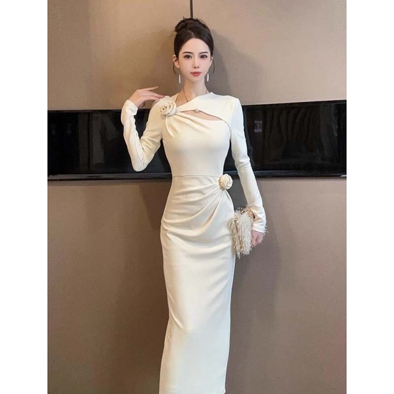 Apricot Gentle Style Elegant Slim Dress Women's Knee-Length Mid-Length Slim Fit Long-Sleeved Hip-Hugging Skirt