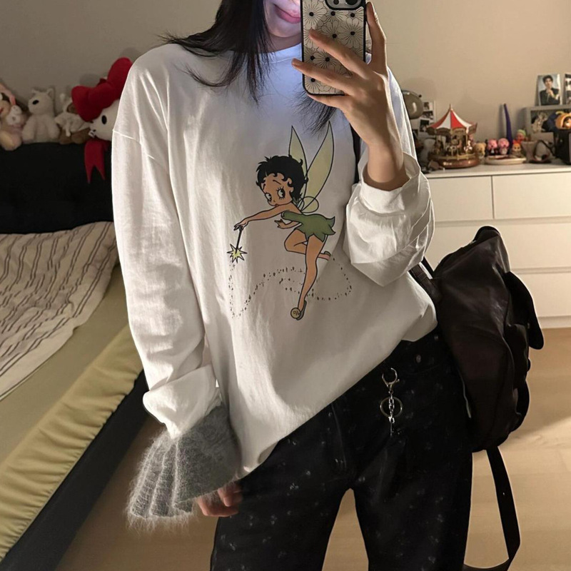 Dongdaemun Korean-style niche Betty Fairy cartoon print casual loose comfortable long-sleeve T-shirt top for women