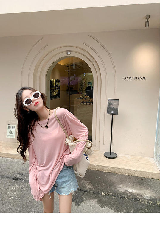 日焼け止め長袖Tシャツボトリングシャツ、ラウンドネックテンセルルーズリヨセルマスクトップ、女性用ソリッドカラーレイジースタイル|undefined
