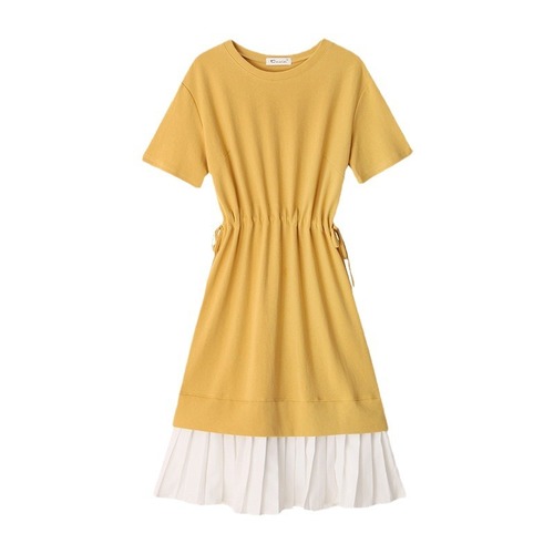 Plus-size, Korean-style, loose-fitting, patchwork faux two-piece midi dress—above-the-knee, casual design—for summer maternity wear